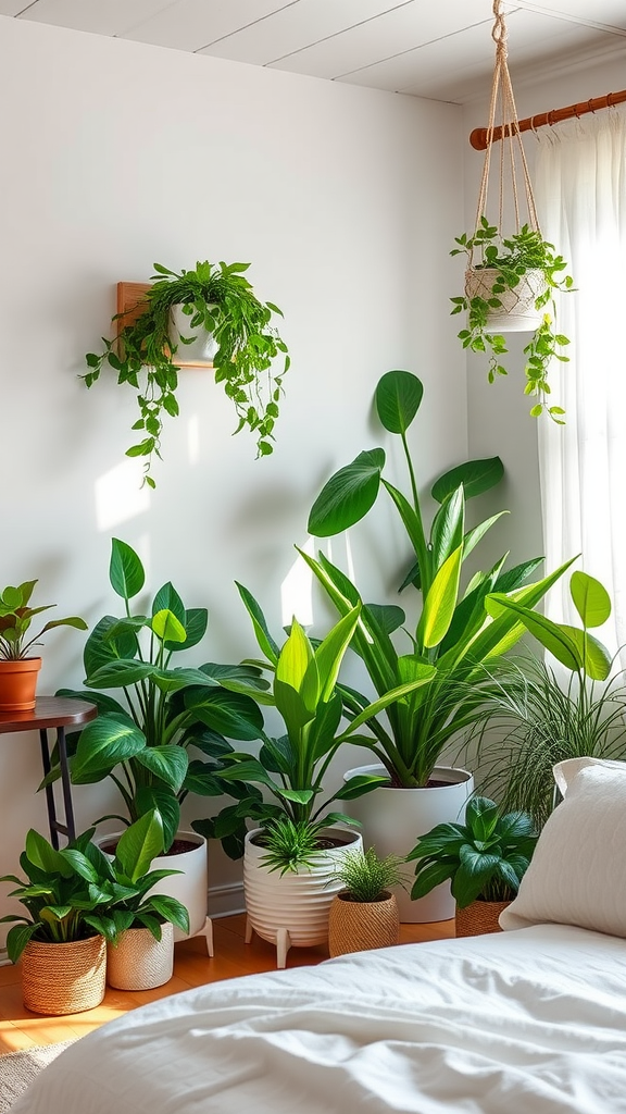 A cozy room filled with various indoor plants, including hanging and potted varieties, creating a fresh and inviting atmosphere.