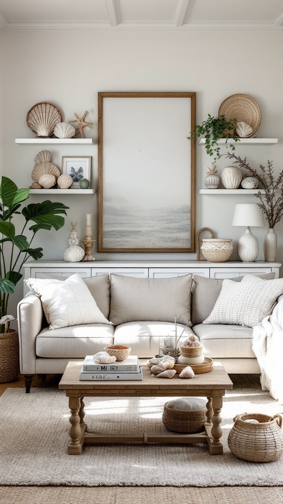 A cozy coastal living room with seashell accents and neutral decor.