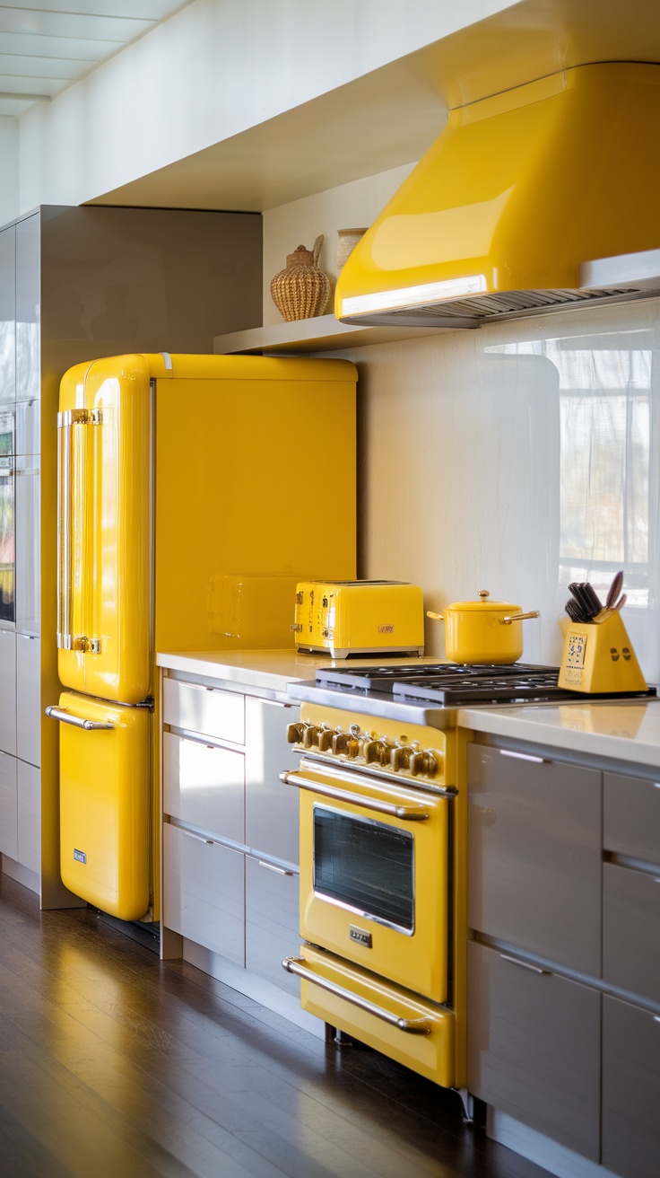 A modern kitchen featuring yellow appliances including a refrigerator, oven, and cookware.