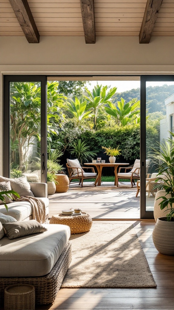 A cozy coastal living room with large sliding doors opening to a lush outdoor area