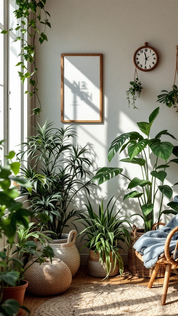 A cozy indoor space filled with various green plants, showcasing a modern coastal home aesthetic.