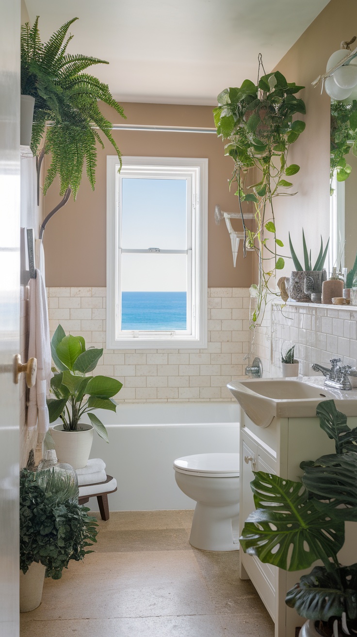 A bright bathroom featuring various indoor plants, a window with ocean view, and a cozy atmosphere.