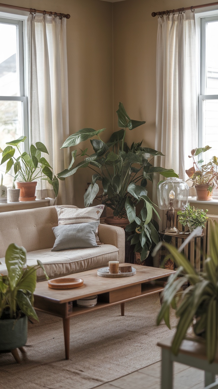 Cozy cottage living room with indoor plants and a comfortable sofa.