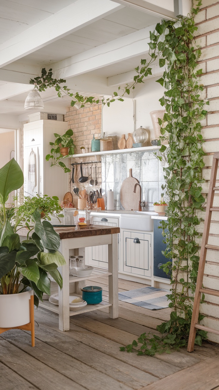 A modern coastal kitchen with indoor plants and natural decor.