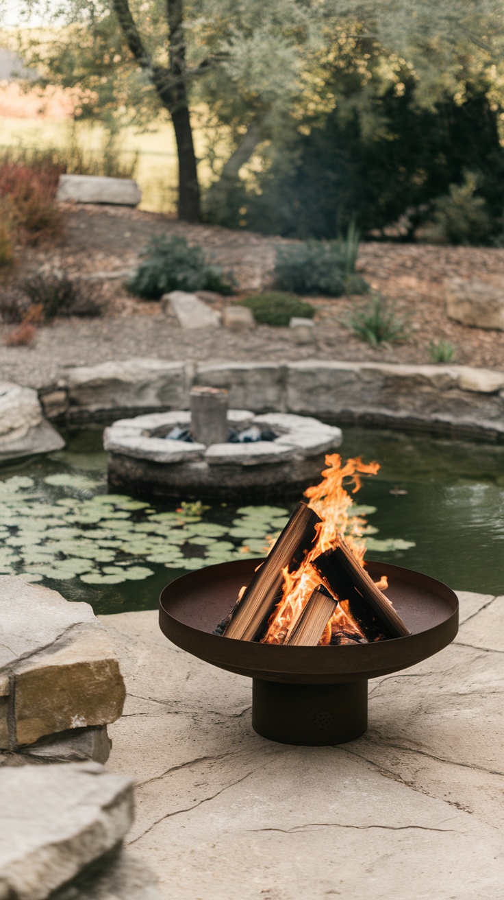 An outdoor fire pit surrounded by a water feature, creating a relaxing atmosphere.