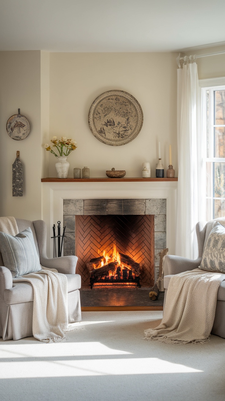 Cozy cottage living room with an inviting fireplace nook featuring soft chairs and warm lighting.