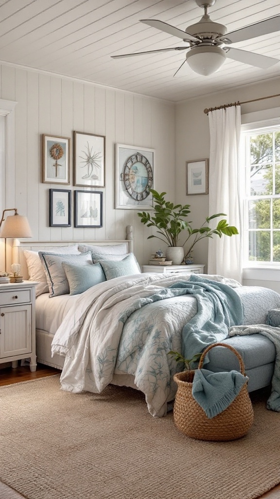 Cozy coastal bedroom with light colors and beachy decor.