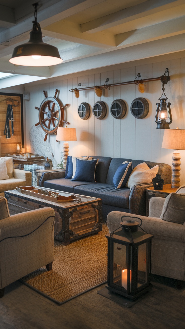 Cozy living room with nautical decor, featuring a ship's wheel, vintage lanterns, and comfortable seating.