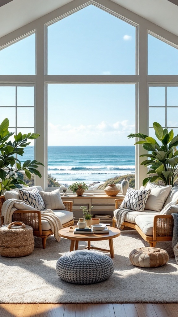 Cozy coastal living room with ocean views and stylish decor