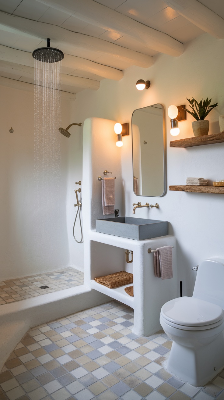 A coastal bathroom featuring layered lighting with a rainfall shower, a modern sink, and light-colored tiles.