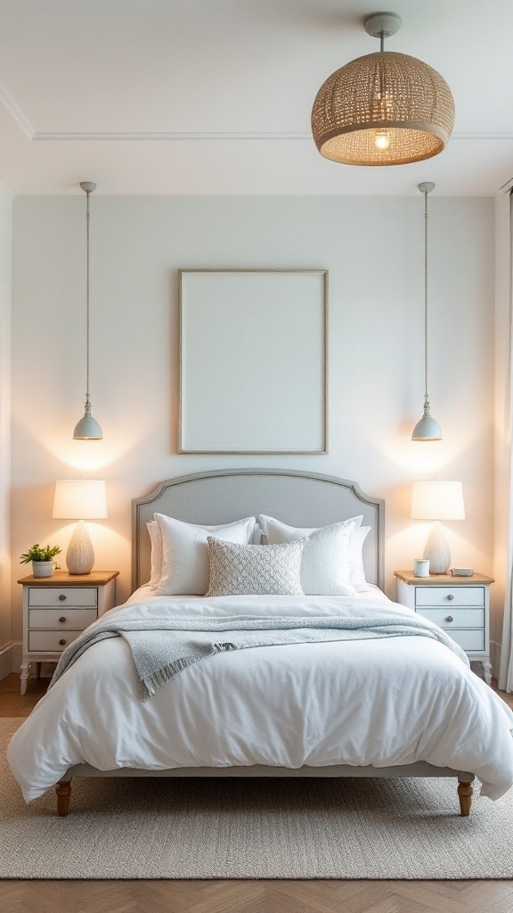 A beautifully designed coastal bedroom featuring layered lighting with a pendant and bedside lamps.