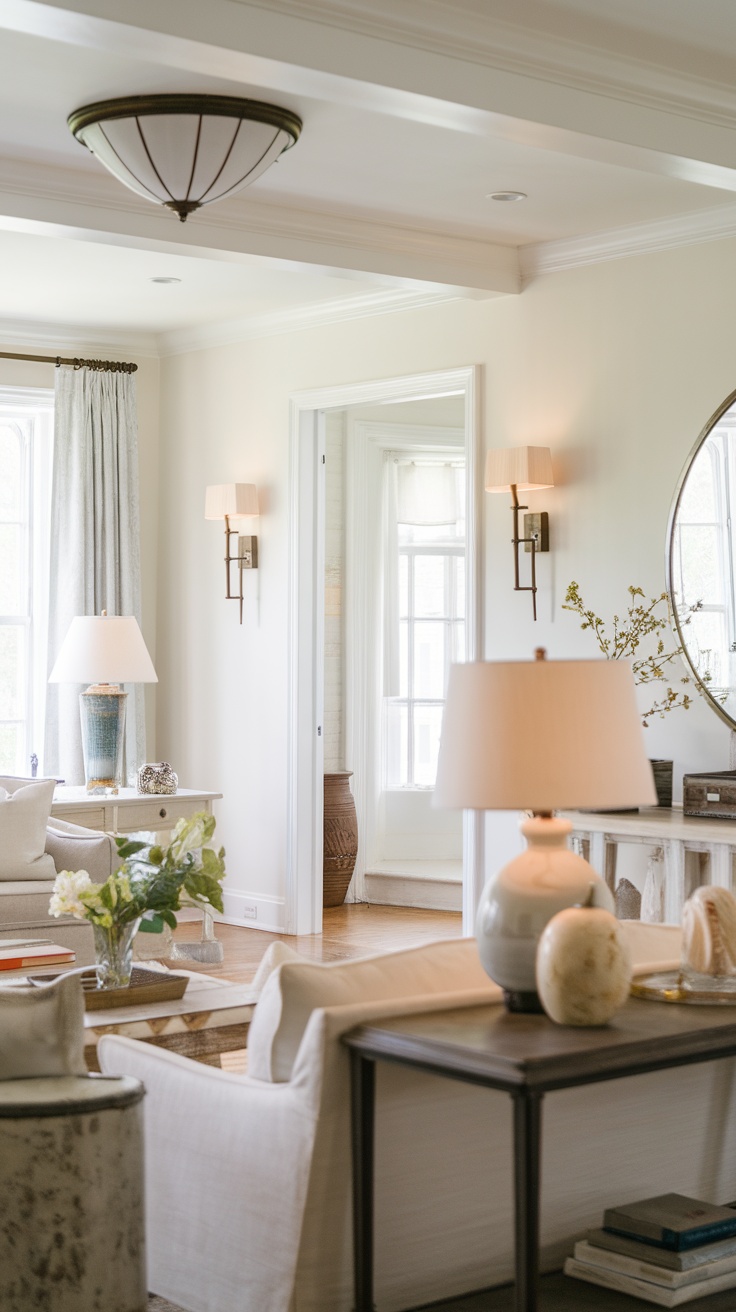 Cozy cottage living room with layered lighting options, including lamps and wall sconces.