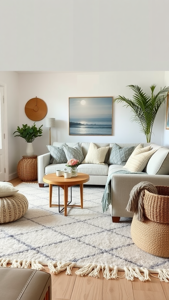 A cozy living room featuring a light-colored sofa with assorted cushions, a wooden coffee table, and various textured decor.