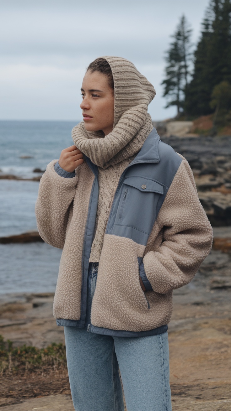 A woman in a cozy fleece jacket and knitted hood stands by the coast, looking out at the sea.