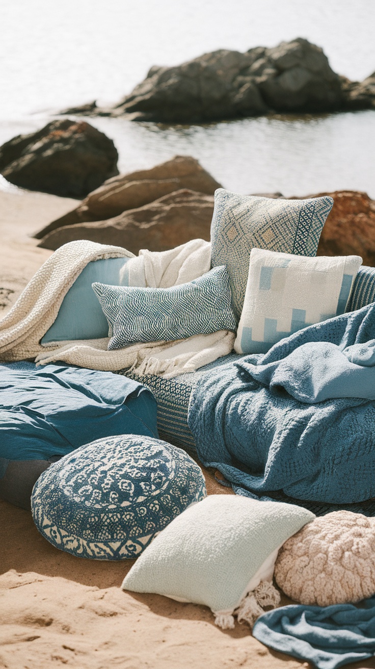 An inviting arrangement of various textiles on the beach, featuring pillows and blankets in shades of blue and natural tones.