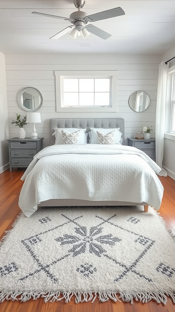 A cozy bedroom featuring a fluffy white area rug on wooden flooring, with natural light streaming in.