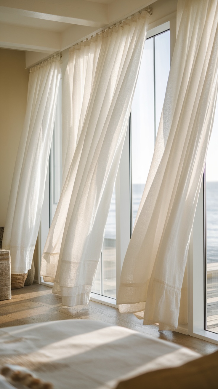 Light and airy draperies in a bright coastal bedroom.