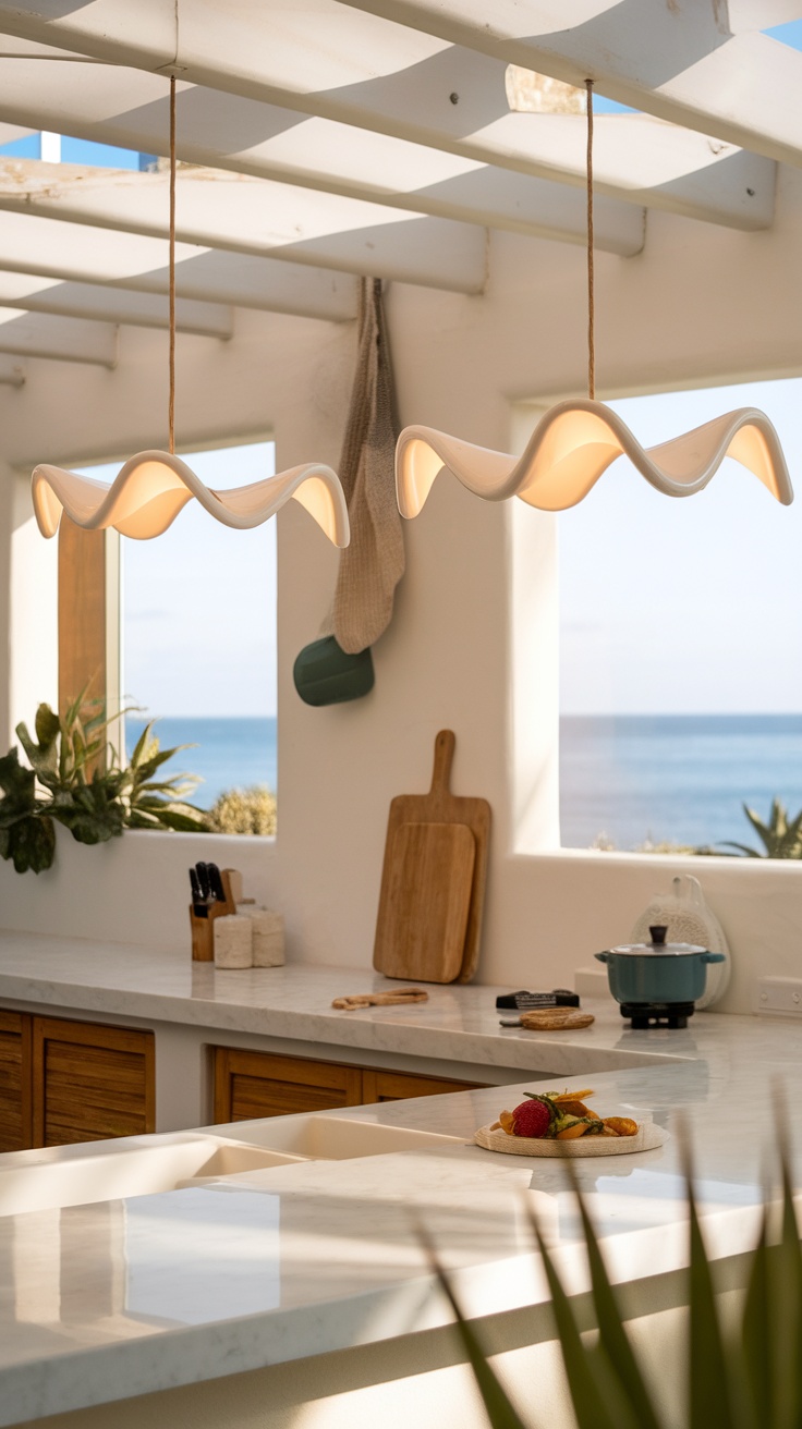 Modern kitchen with wave-shaped light fixtures and ocean view