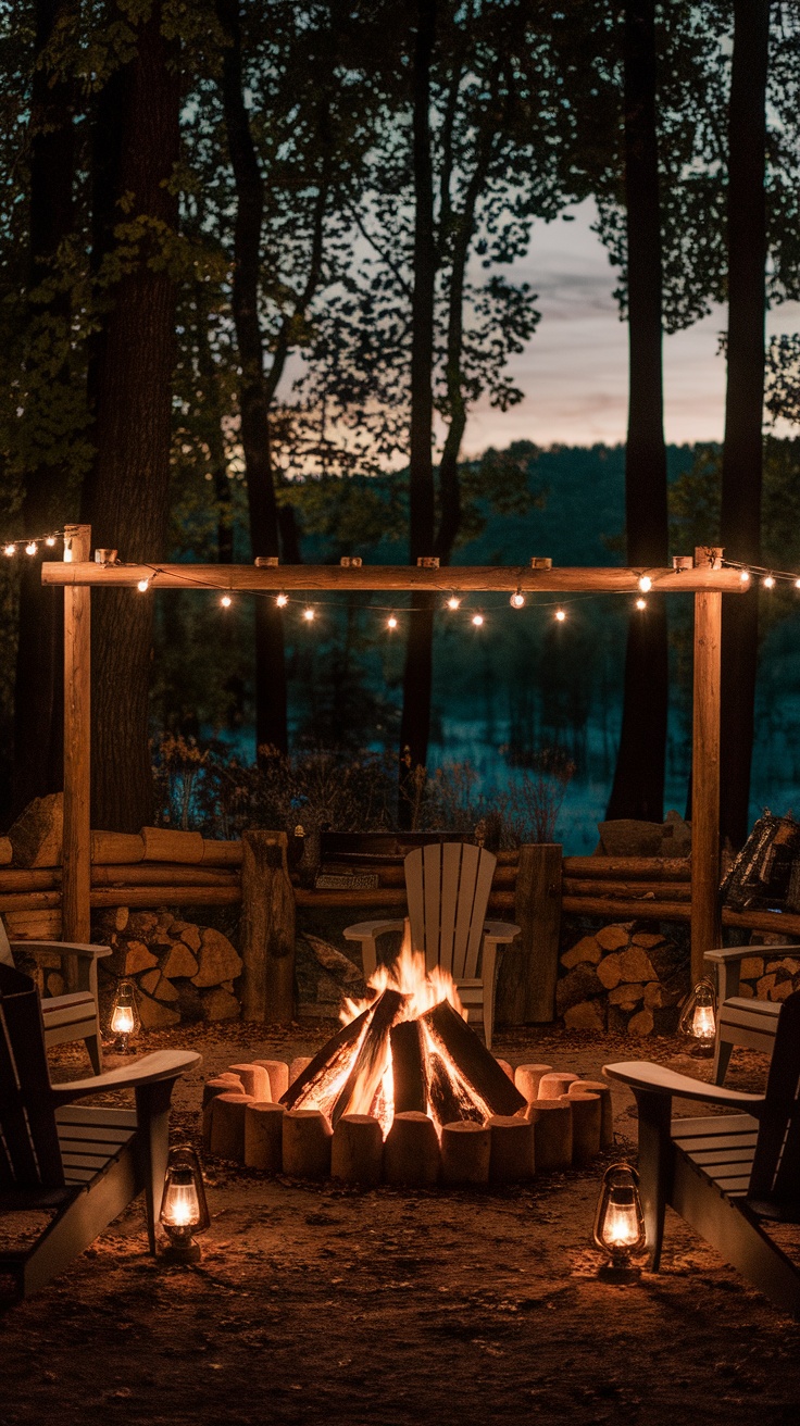 A cozy outdoor fire pit surrounded by string lights and lanterns, creating a warm atmosphere.