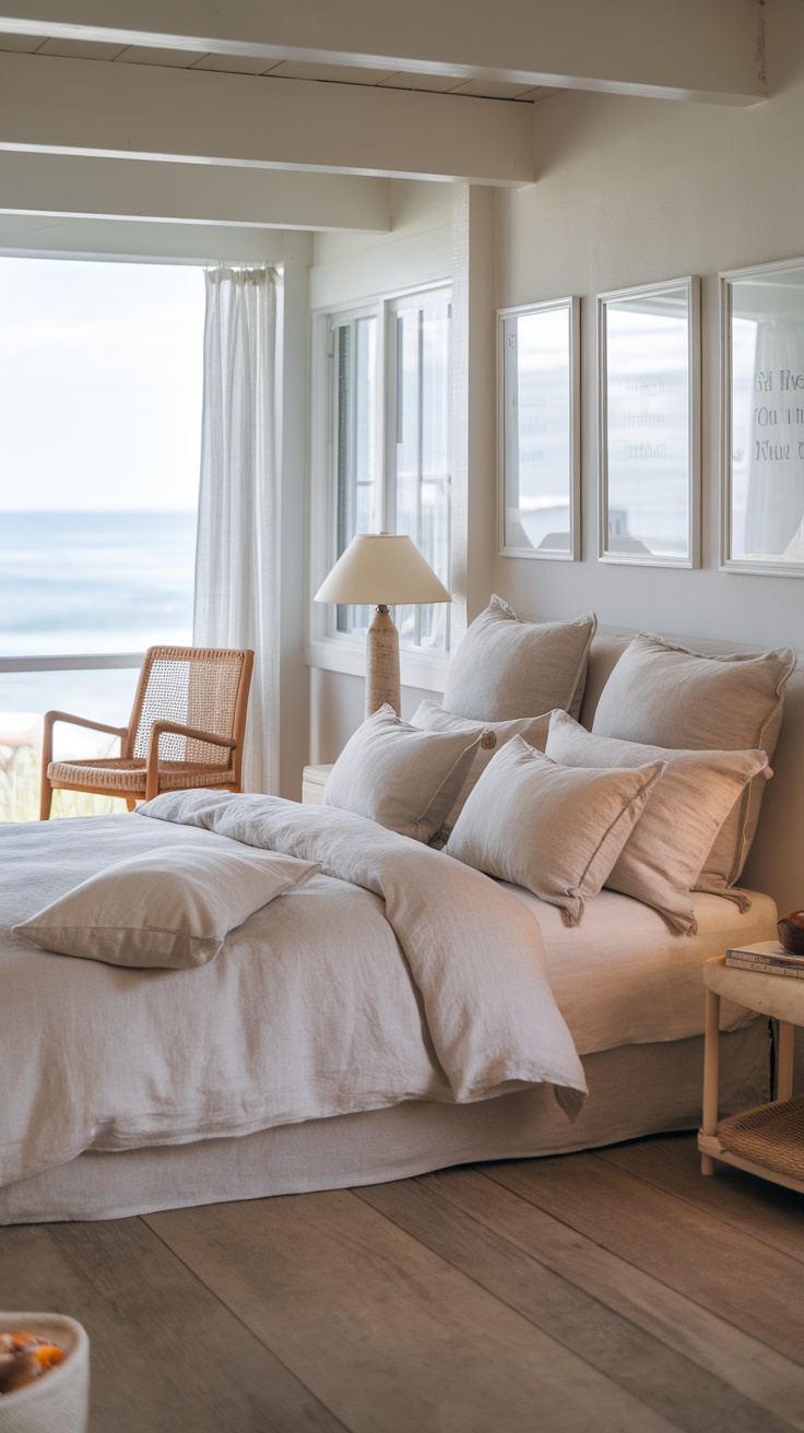 A cozy coastal bedroom featuring linen textiles and a view of the ocean.