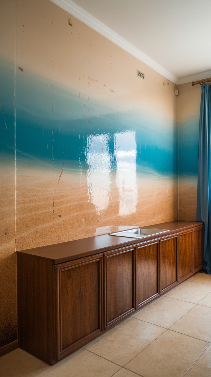 Interior with marine-inspired color gradients featuring a sandy and blue wall.