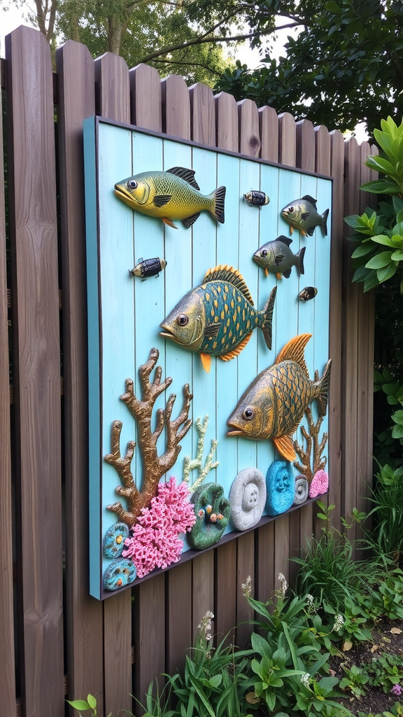 A vibrant marine-inspired wall art featuring colorful fish and coral, mounted on a fence in an outdoor space.