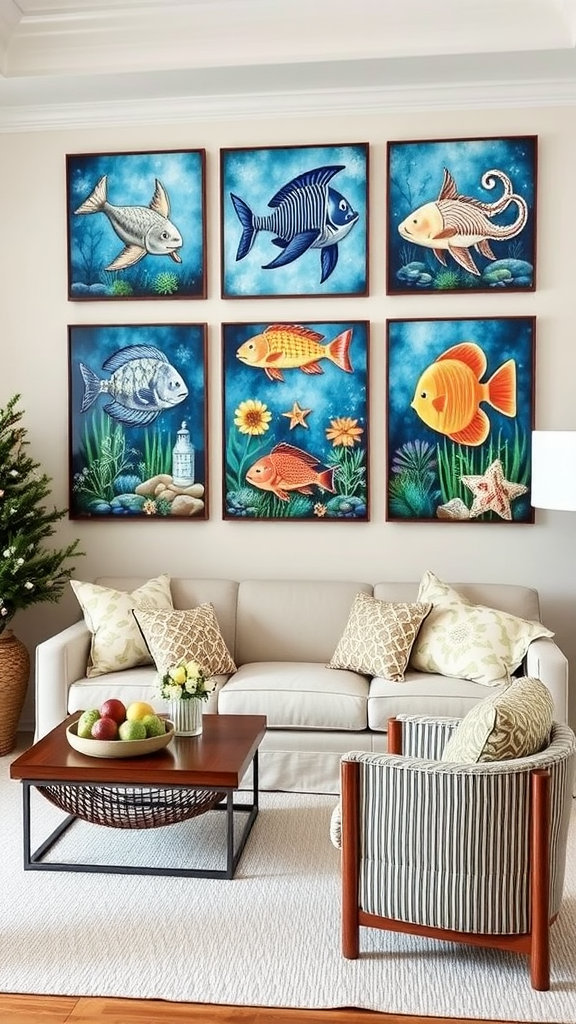 Colorful marine life wall art featuring various fish, displayed above a cozy living room sofa.