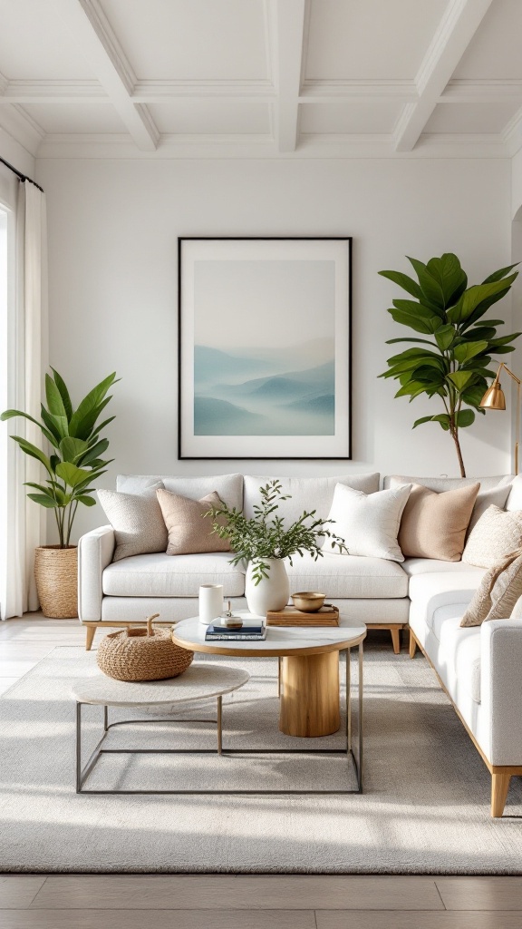 A bright coastal living room with a comfortable sofa, coffee table, and plants creating a welcoming atmosphere.