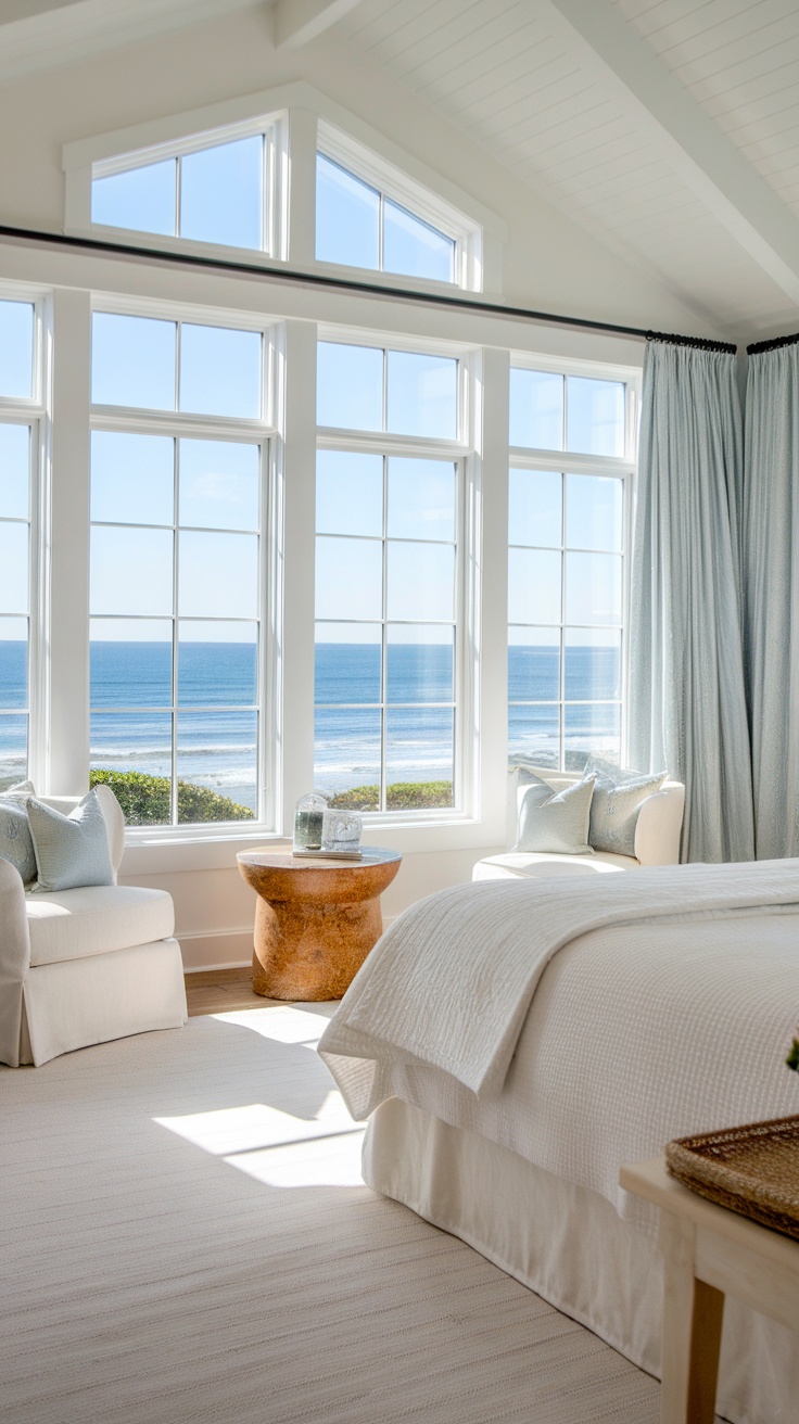 A bright coastal chic bedroom with large windows showcasing an ocean view.