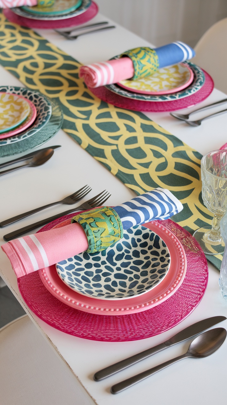 Chic spring tablescape featuring a mix of colorful plates, napkins, and a patterned table runner.