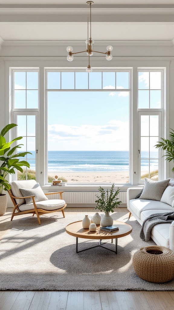 A bright coastal living room with large windows overlooking the beach.