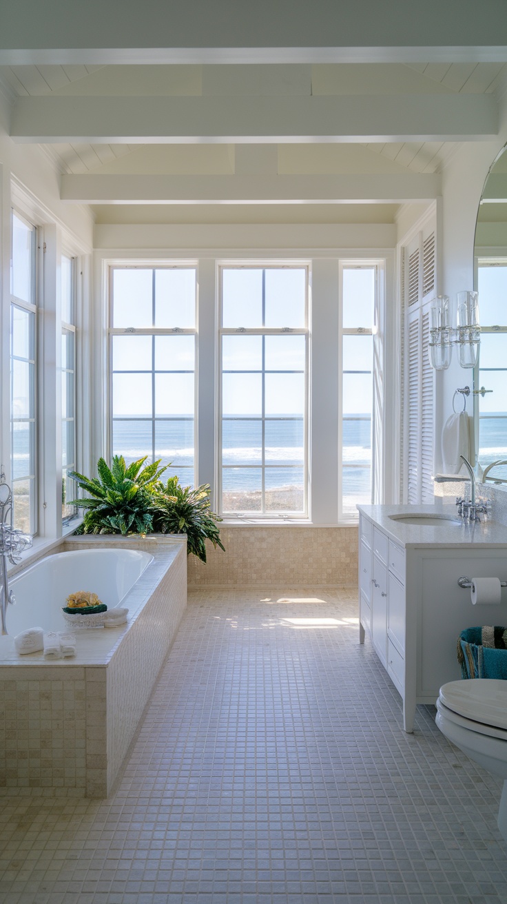 A spacious coastal bathroom filled with natural light, featuring large windows overlooking the ocean, a freestanding bathtub, and greenery.