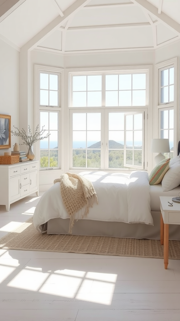 A bright and airy bedroom with large windows overlooking the ocean.