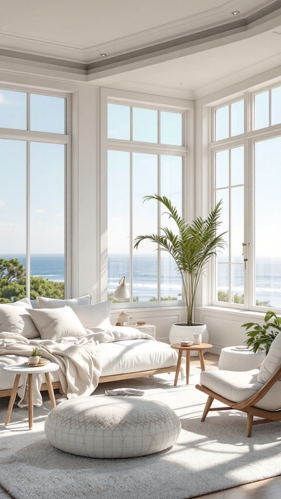 A beautifully decorated coastal bedroom with large windows showcasing a scenic view of the sea.