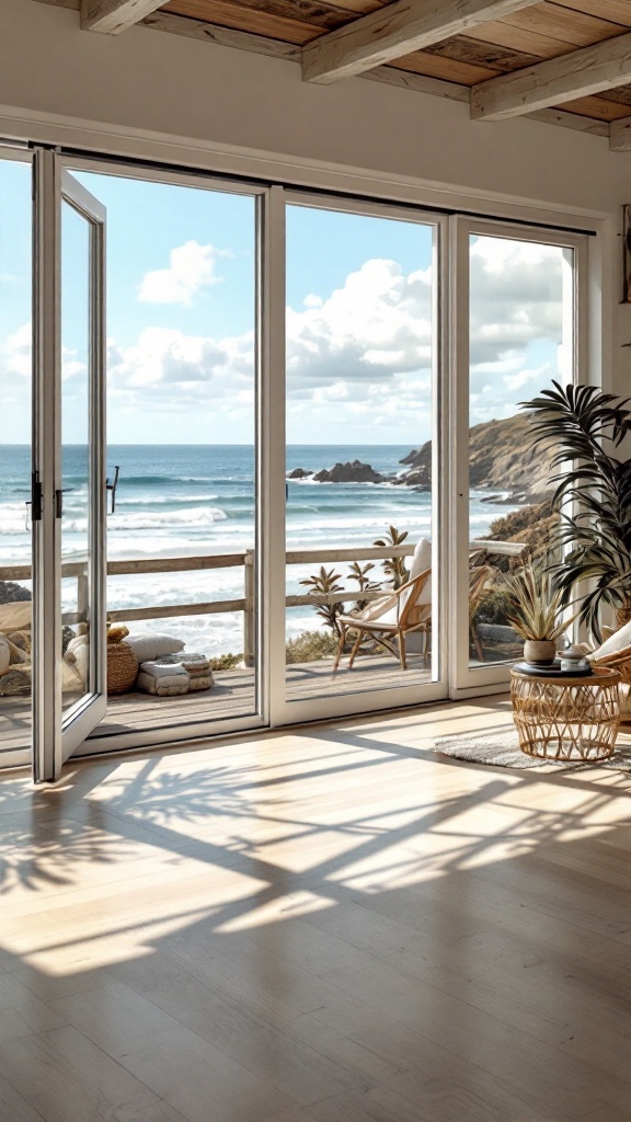 A cozy coastal living room with large windows overlooking the ocean