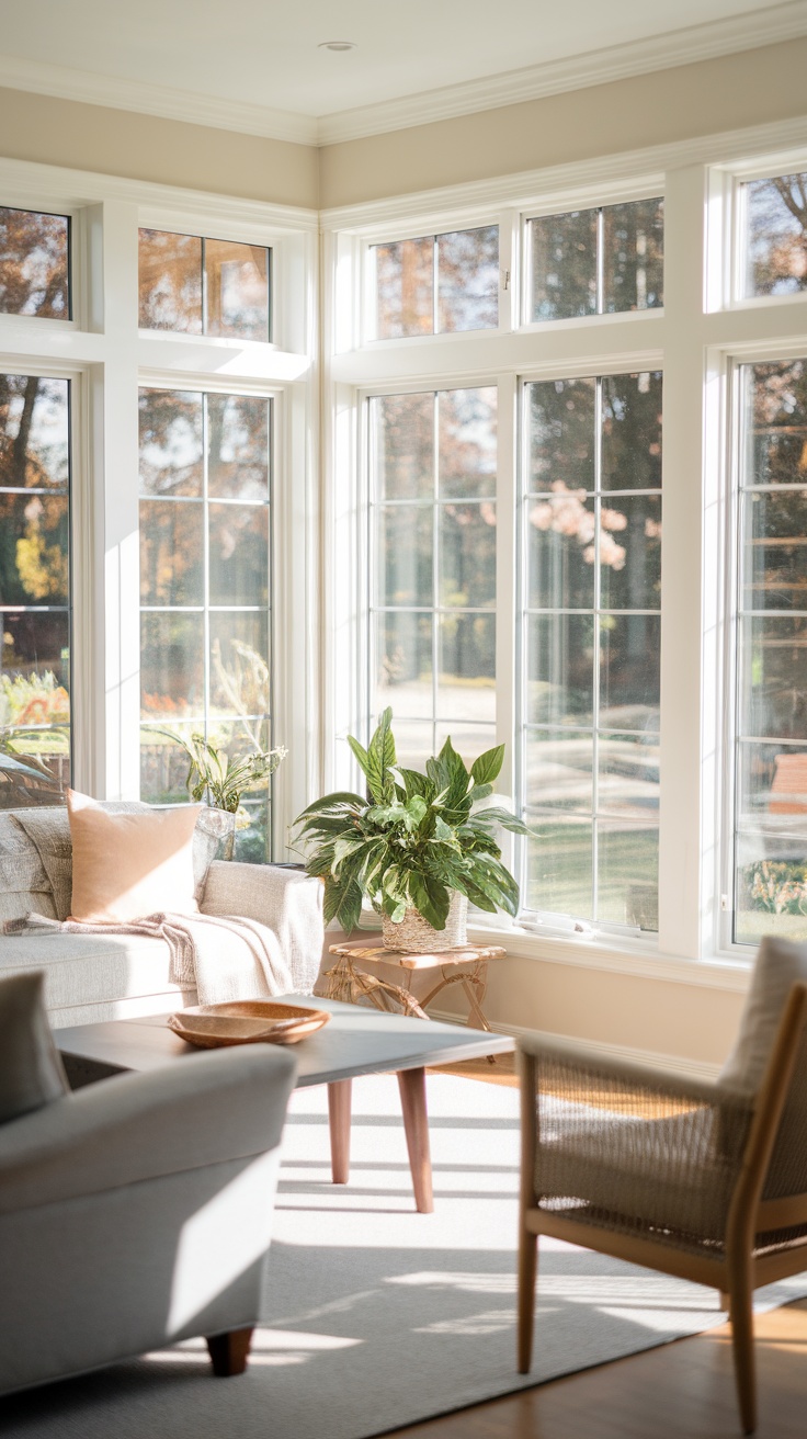 Cozy cottage living room with large windows and natural light