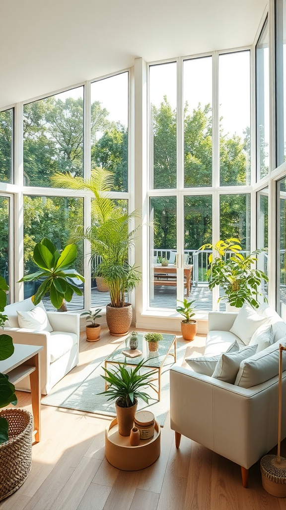 Bright, airy living space with large windows and numerous indoor plants.