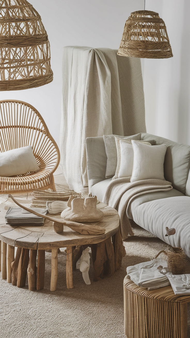 A cozy living space featuring natural textures and materials with a wooden coffee table, soft cushions, and woven light fixtures.