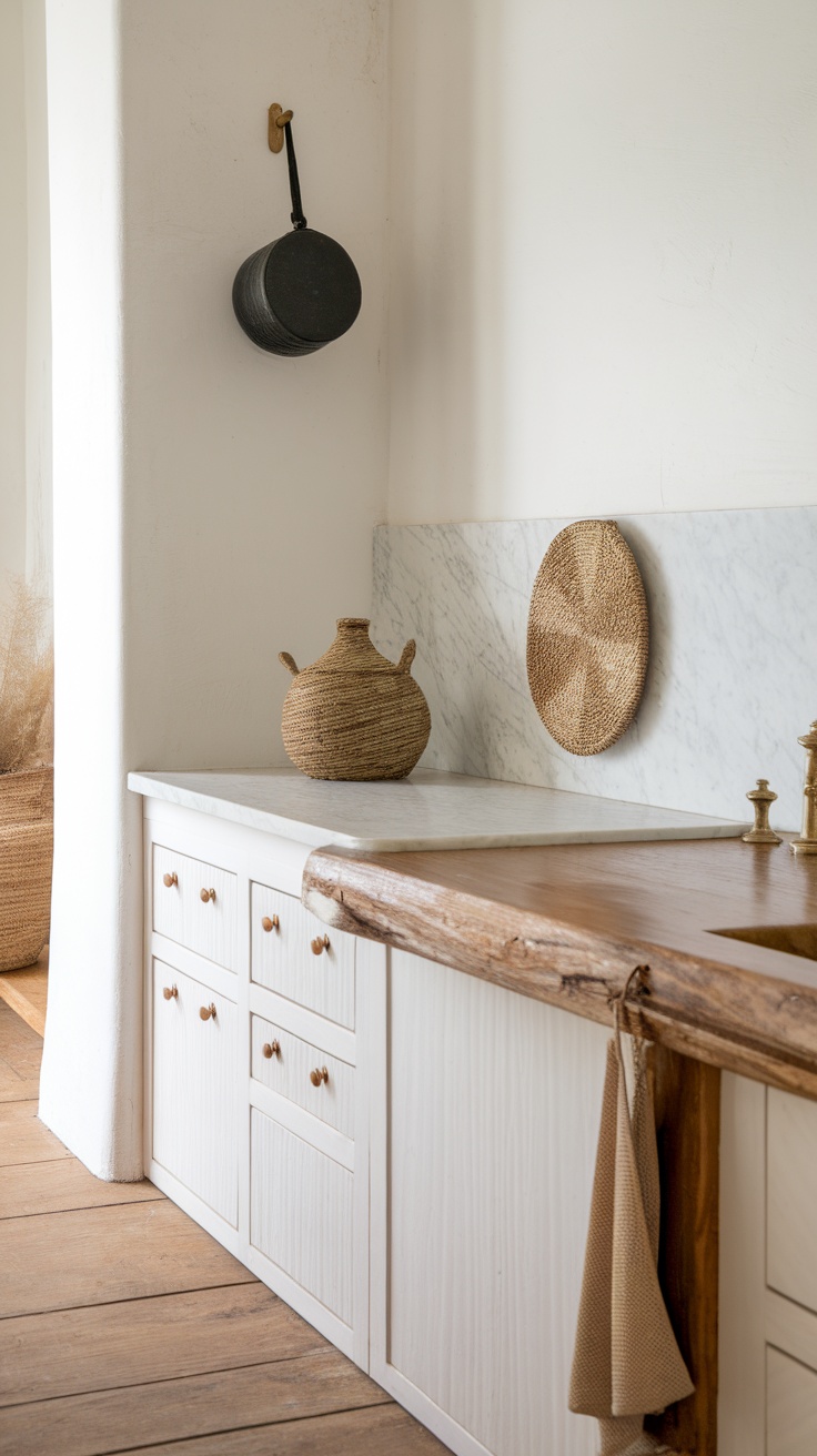 Coastal kitchen showcasing natural textures with wooden countertop and woven accents.