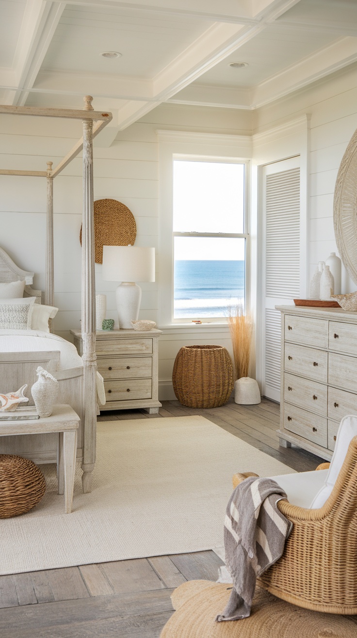 A coastal bedroom featuring natural wood accents, a canopy bed, and a view of the ocean.