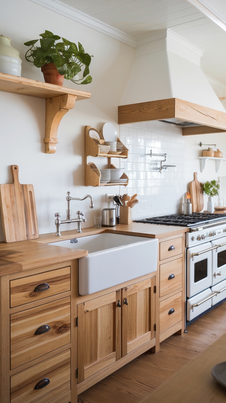 A cozy coastal farmhouse kitchen featuring natural wood accents, a farmhouse sink, and open shelving with plants.