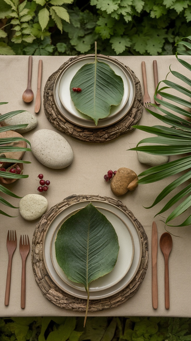 A nature-inspired table setting featuring large leaves for plates, wooden utensils, and decorative stones.