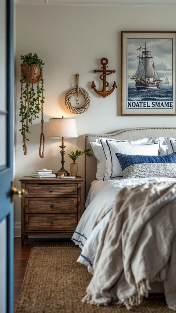 Nautical-inspired decor in a cozy coastal bedroom with an anchor, ship painting, and natural textures.