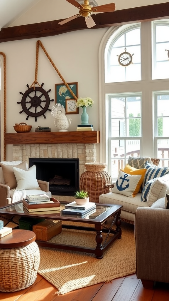 Cozy living room with nautical decor accents including a ship wheel, anchor pillows, and marine colors.