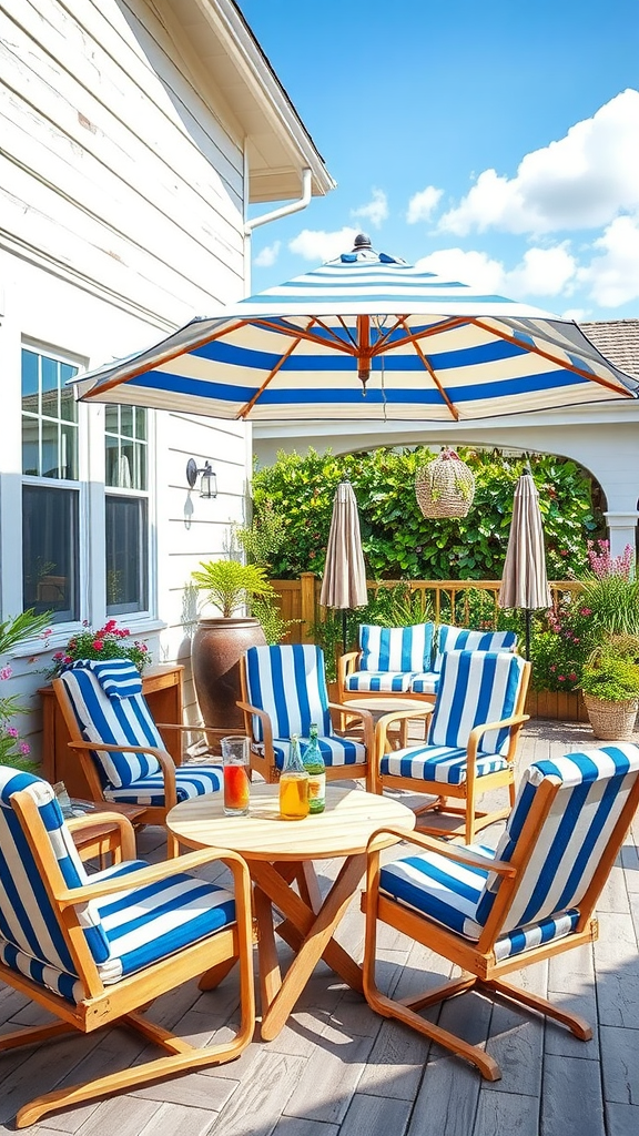 Outdoor seating area with striped chairs and a large umbrella