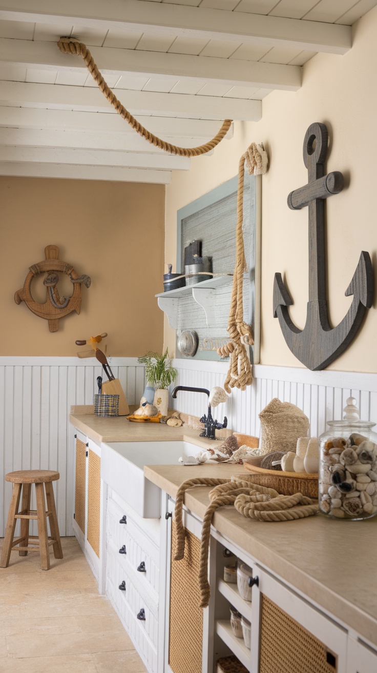 A cozy kitchen featuring nautical decor with ropes, an anchor, and seashells.