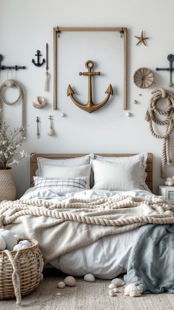 A coastal bedroom with nautical decorations including an anchor and seashells.