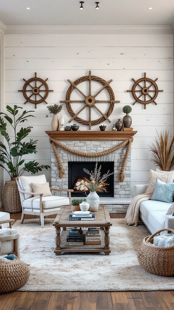 A cozy coastal living room featuring nautical decor elements like ship wheels and natural textures.