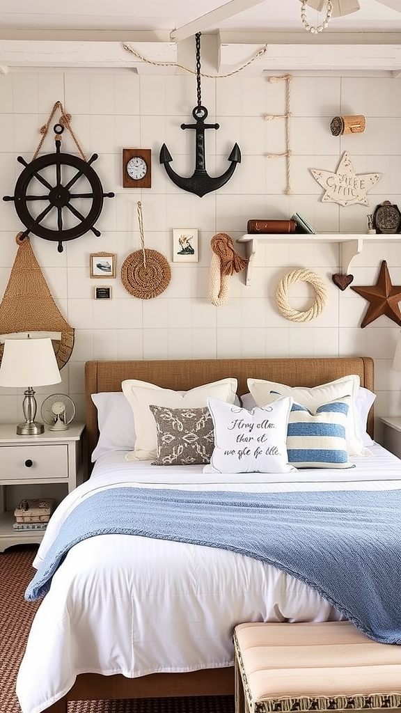 A cozy bedroom featuring nautical decor elements such as ship wheels, ropes, and blue striped bedding.