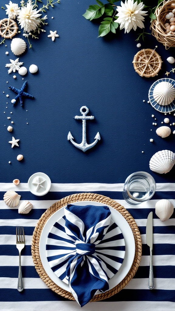 A beautifully set dining table with nautical decorations including shells, an anchor, and striped linens.